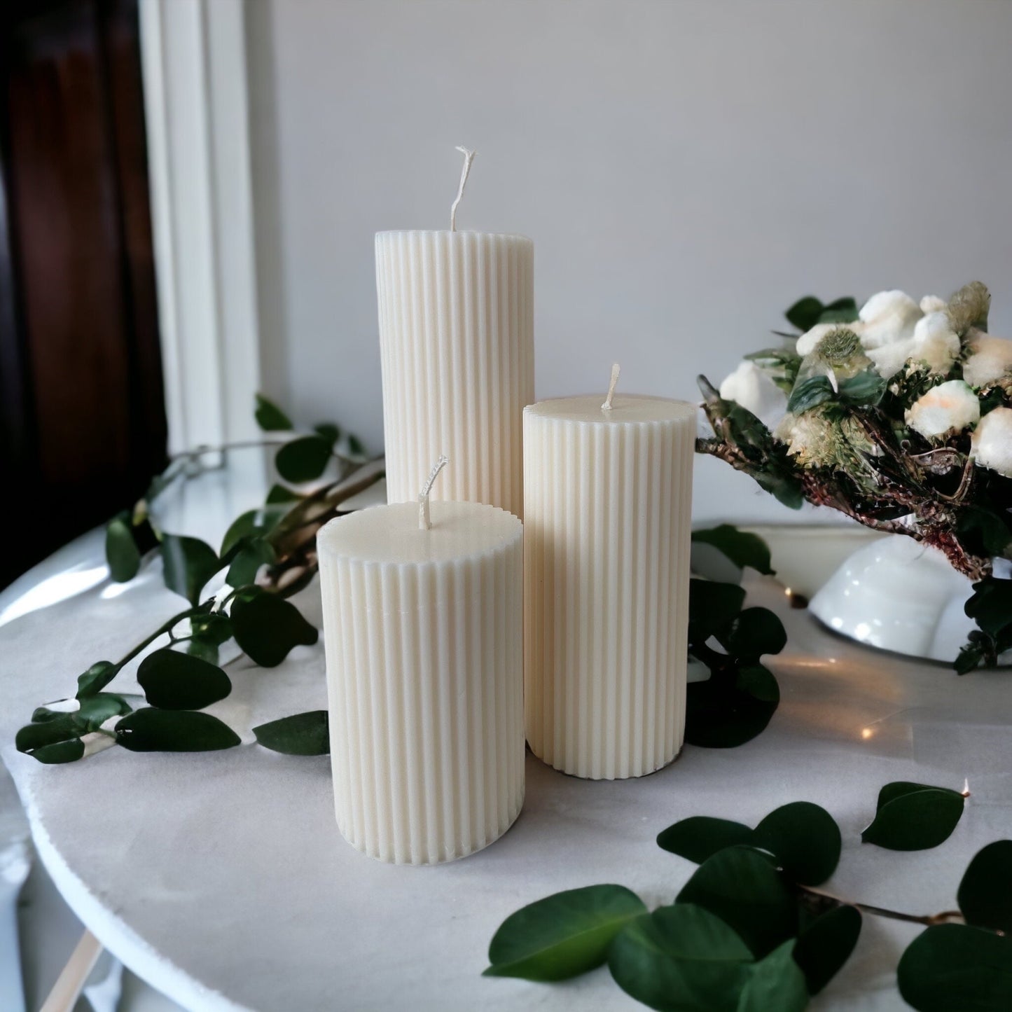 Ivory Ribbed Pillar Candles | Ribbed Pillar Soy Candles | Decorative Candles | Column Ribbed Candles Handmade Home Decor