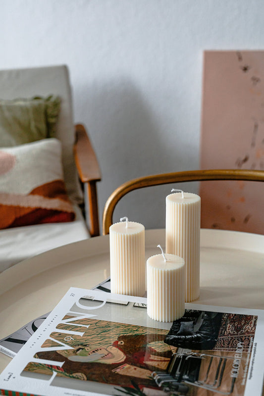 Ivory Ribbed Pillar Candles | Ribbed Pillar Soy Candles | Decorative Candles | Column Ribbed Candles Handmade Home Decor